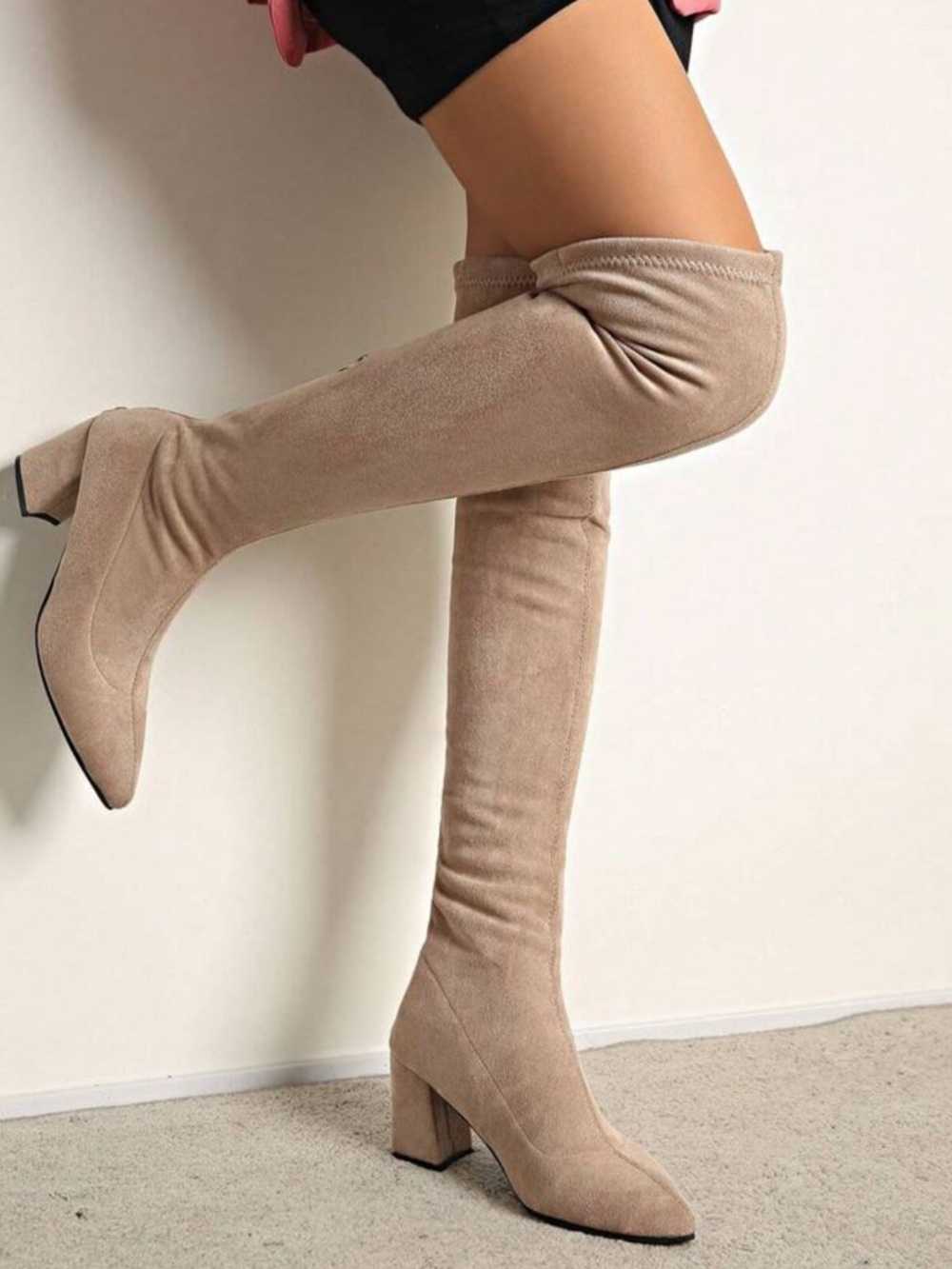 Beige Over-The-Knee Suede Boots – Chunky Heel Thigh High Boots - 9.5 - Picture 5 of 6